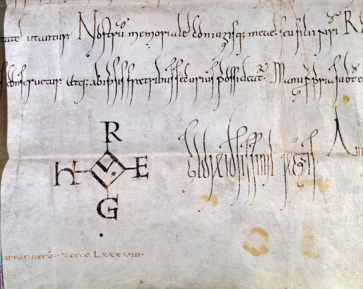 Charter underskrevet af Hugues I Capet (941-996), konge af Frankrig, 988 (pen og blæk på papir) (detaljer fra 157461) af French School