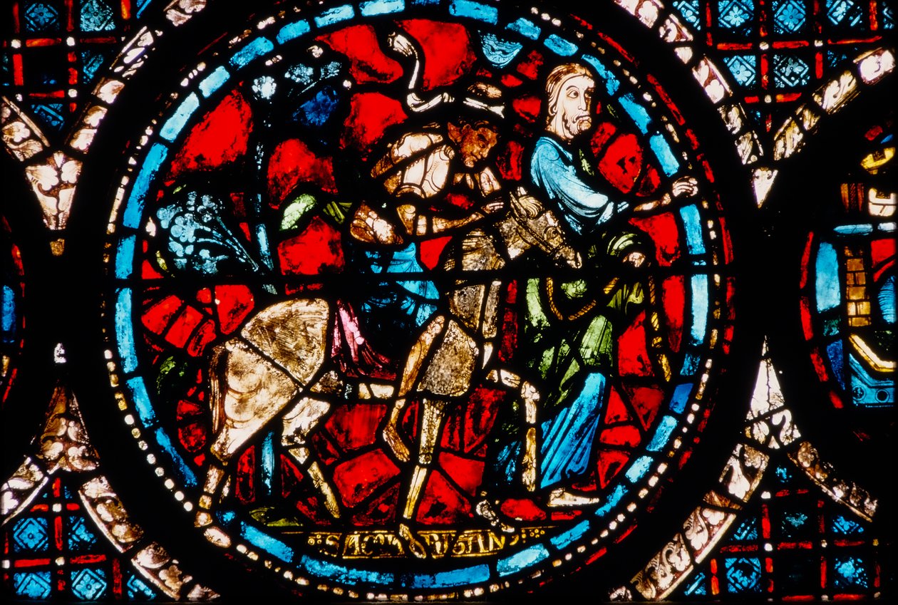 Chartres-katedralen, glasmosaikvindue, der forestiller den cirkulære barmhjertige samaritaner Glasmosaikvindue af French School