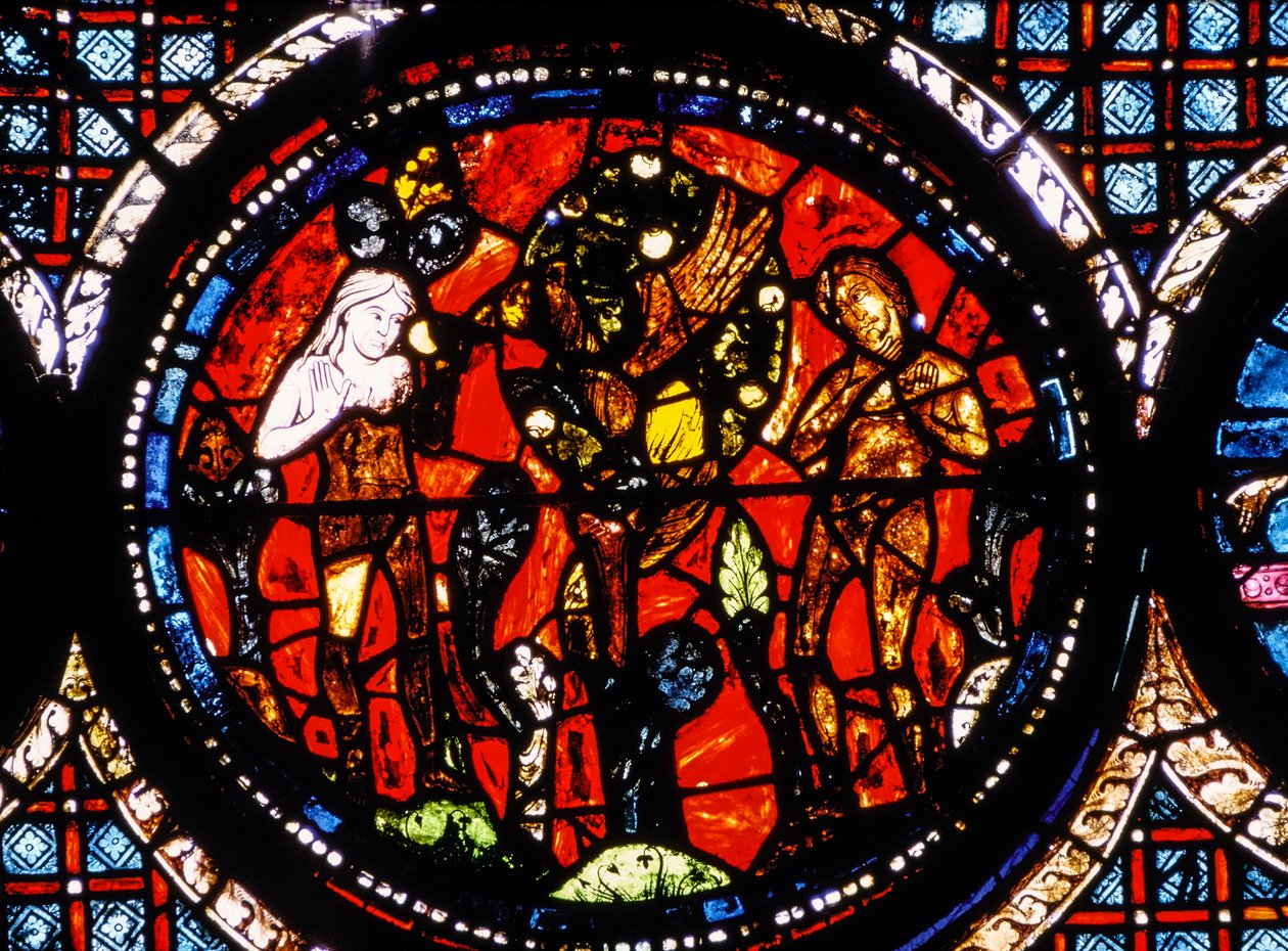 Chartres-katedralen, glasmosaikvindue, der forestiller en cirkulær barmhjertig samaritaner Glasmosaikvindue (glasmosaik) af French School