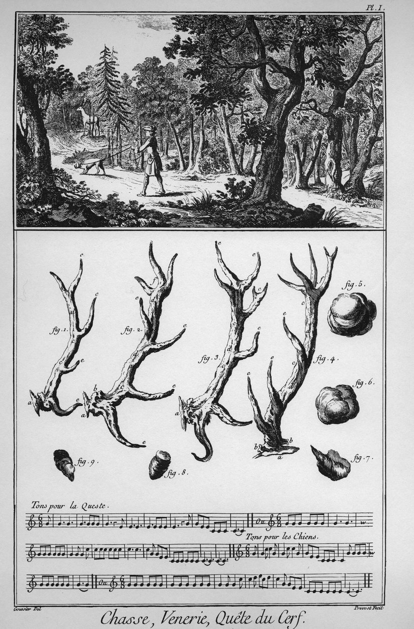 Jagt - jagten på hjorten - "" The Great Encyclopedia, eller Dictionnaire Raisonne des Sciences, des Arts et des Metiers"" (Encyclopedia or Dictionary of the Sciences, Arts and Professions) af Denis Diderot (1713-1784) og Jean d. 
