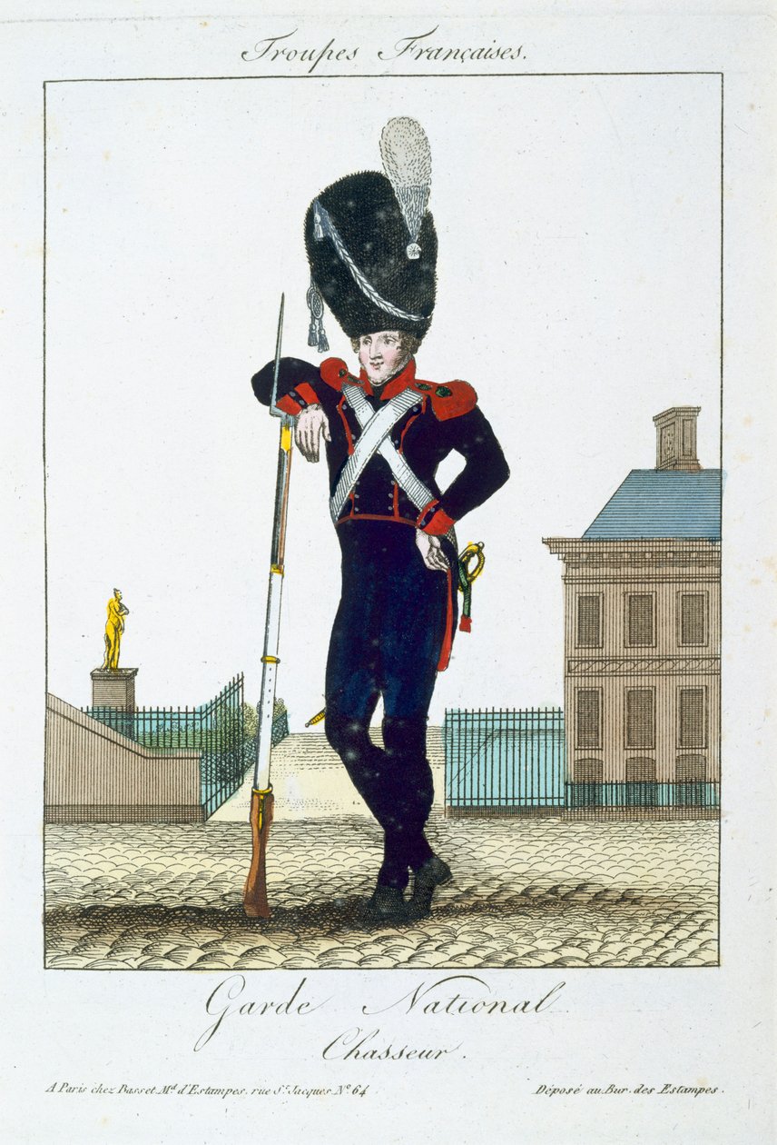 Chasseur of the National Guard, fra Troupes Francaises, pub. i Basset, Paris, ca. 1790 af French School