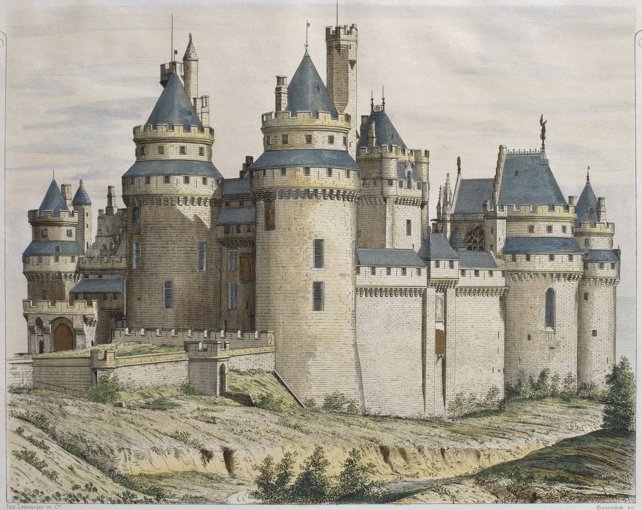 Chateau de Pierrefonds, illustration fra Le Moniteur des architectes, graveret af Bosredon (farvegravering) af French School