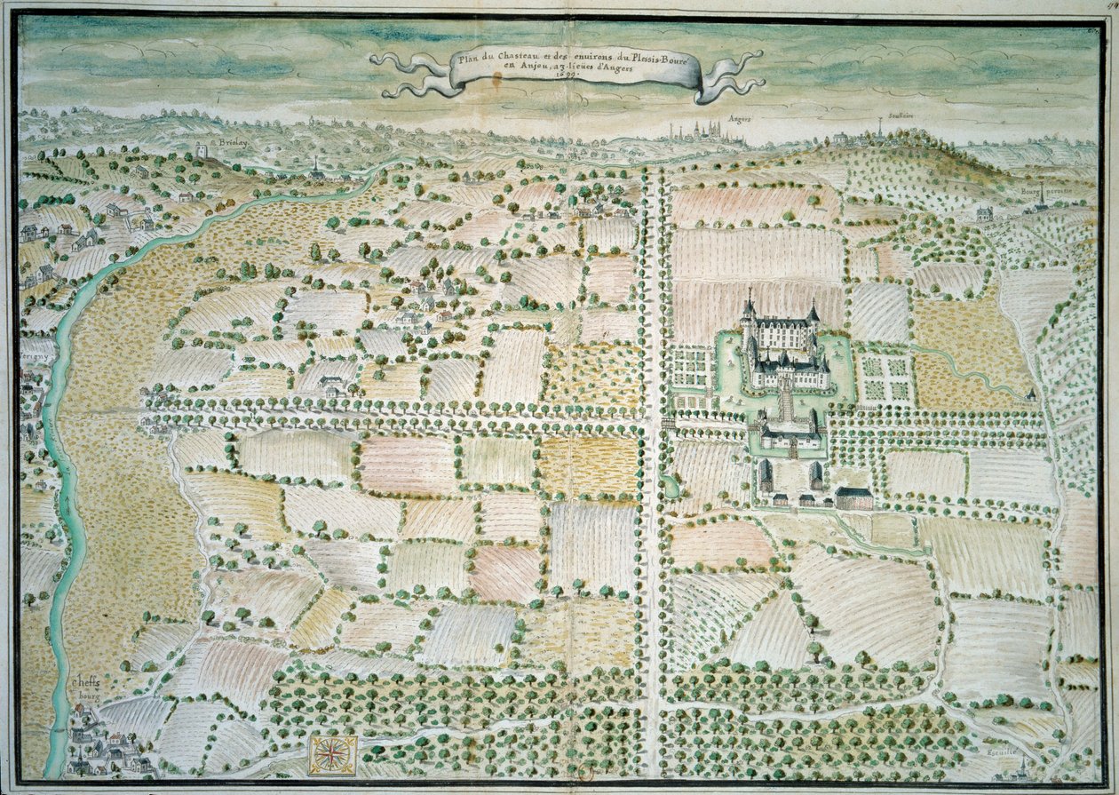Chateaux de la Loire: "" Udsigt over slottet Plessis Bourre"" Akvarel af den franske skole. 1699 Paris, B.N. af French School