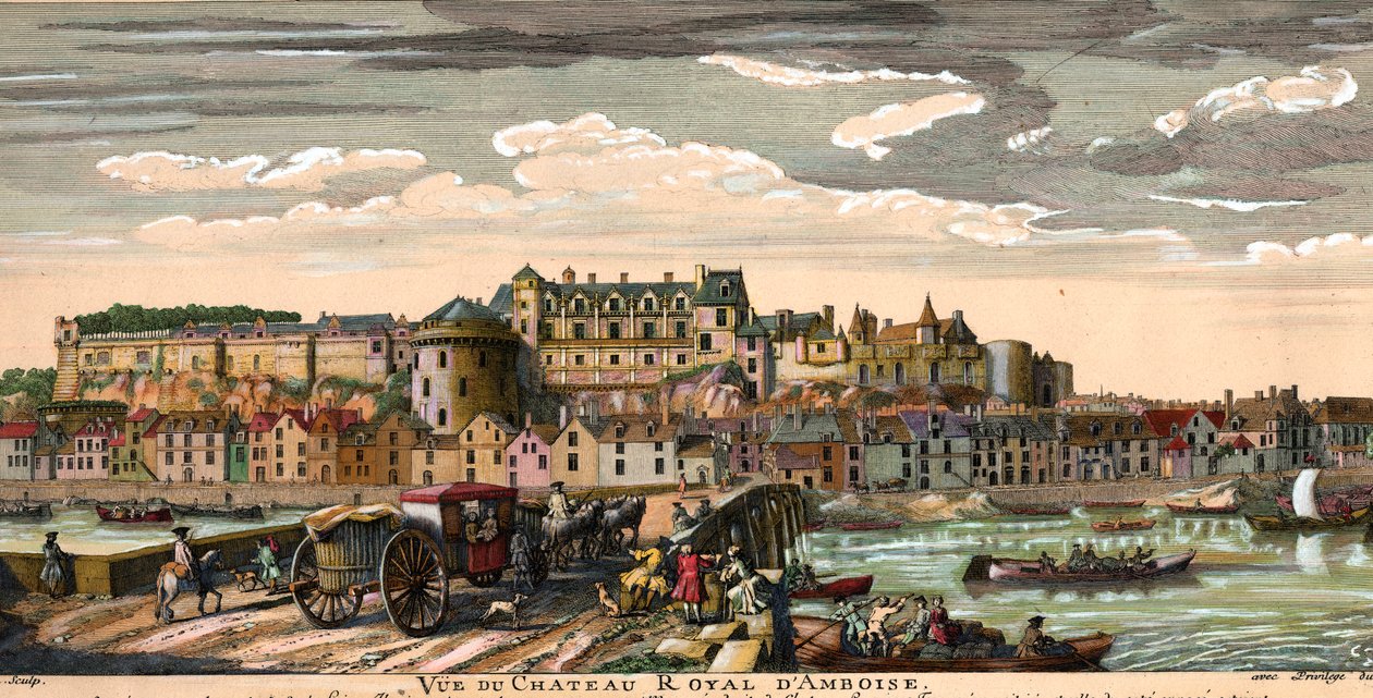 Chateaux de la Loire: udsigt over slottet Amboise i Indre og Loire i det 18. århundrede. Epoke-gravering. Privat samling af French School