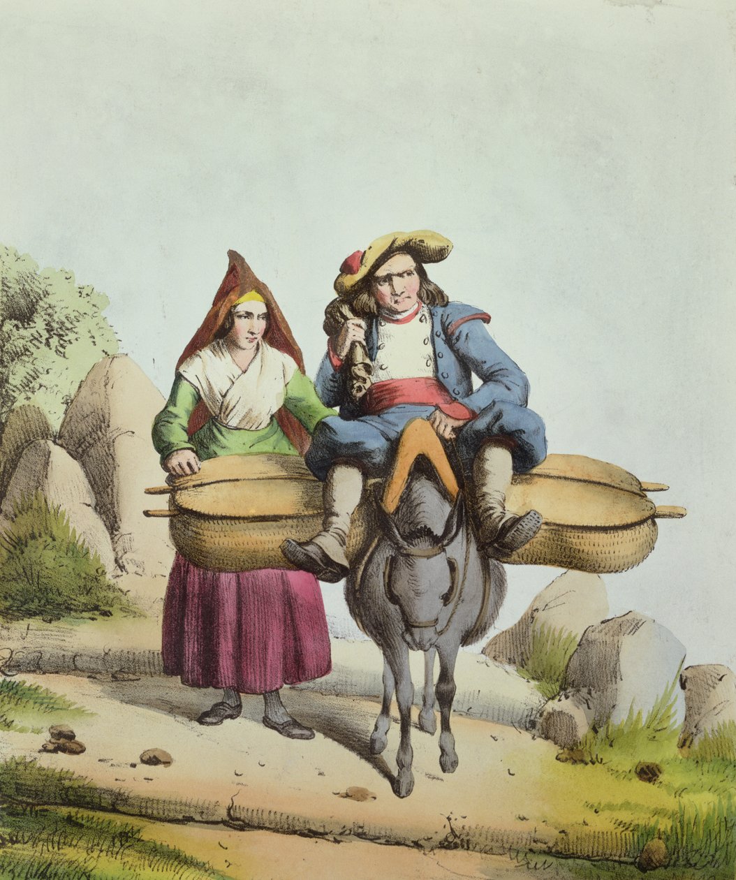 Ostesælgere fra Tarbes-regionen, ca. 1840 (farvegravering) af French School