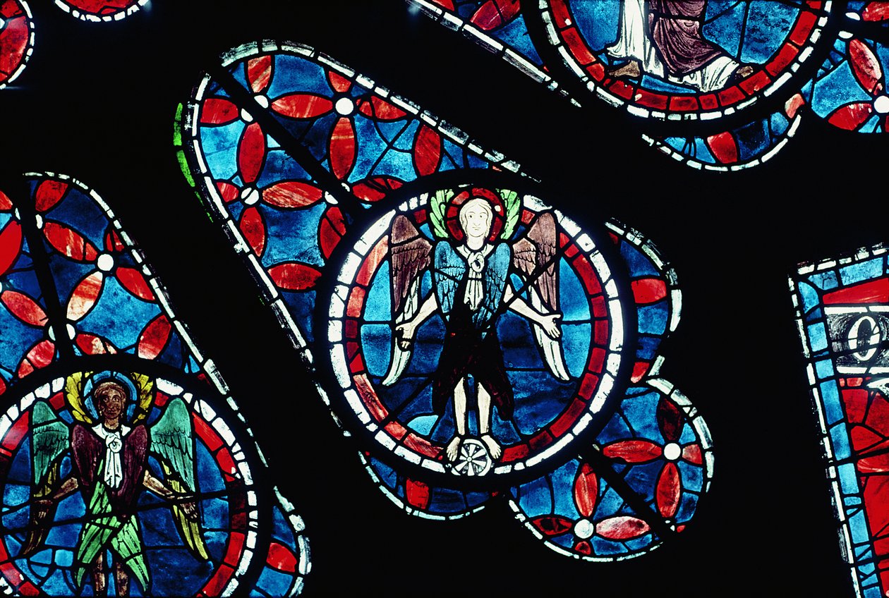 Keruber på hjul, detalje fra nordrosenvindue, ca. 1223 af French School