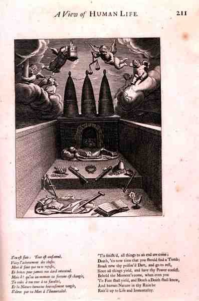 Keruberne kommer for at tage ånden bort, illustration fra "A View of Human Life", fra "Doctrines of Morality" af Marin Le Roy de Gomberville (1600-74), graveret af Daret (stik) af French School