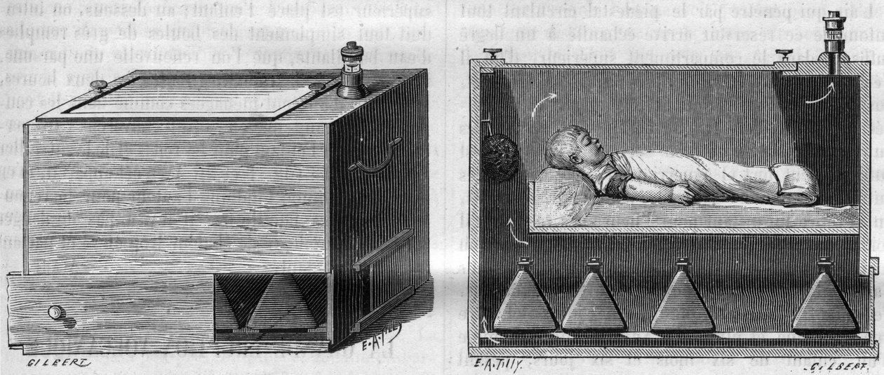 Børnekuvøse af Dr. Alfred Auvard (1855-1940), ifølge det apparat, der blev brugt på fødeafdelingen, til venstre, set udefra, set indefra til højre. i "La Nature. Revue des sciences et de ses applications aux arts et à l