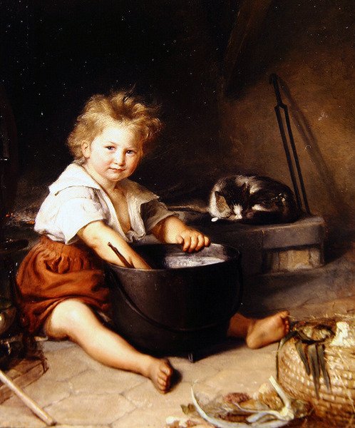 Barn med kat i et interiør (olie på lærred) af French School
