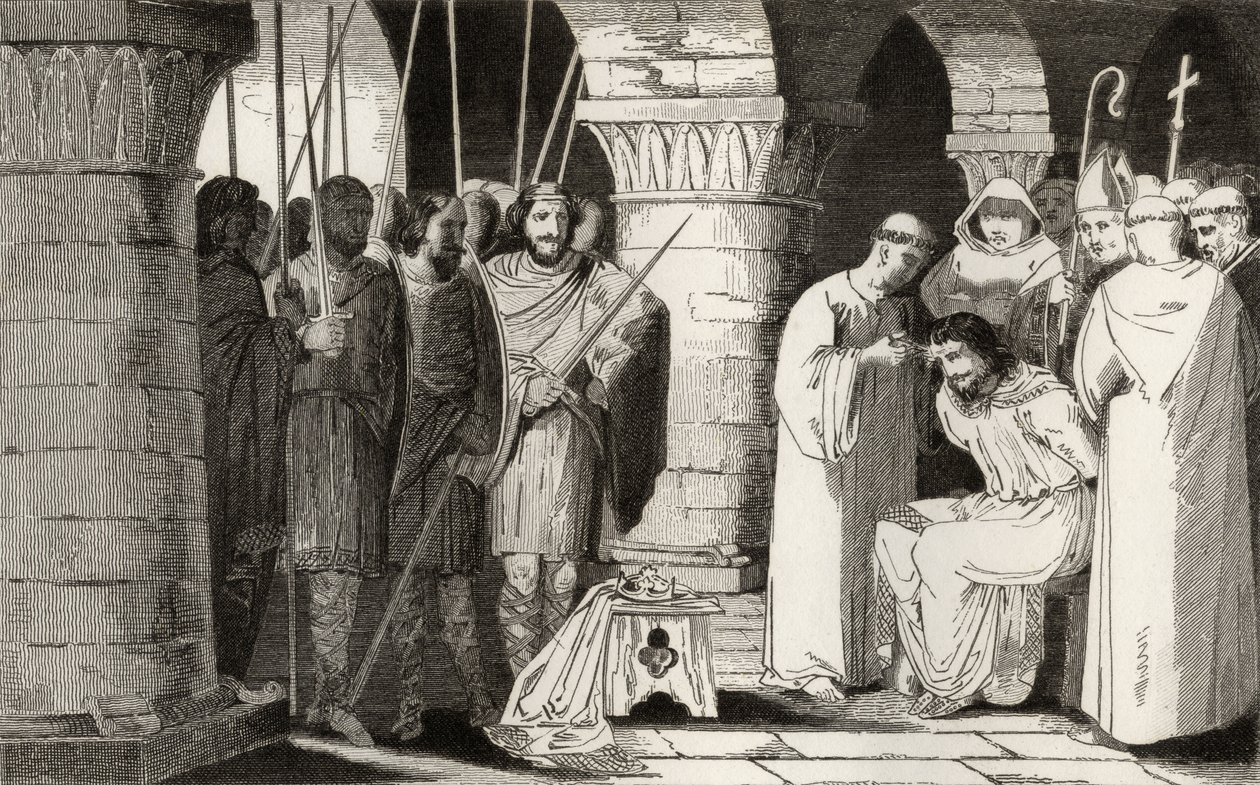 Childeric III (714-51) bliver detroniseret og indespærret i et kloster, fra "Histoire de France" af Colart, udgivet omkring 1840 af French School