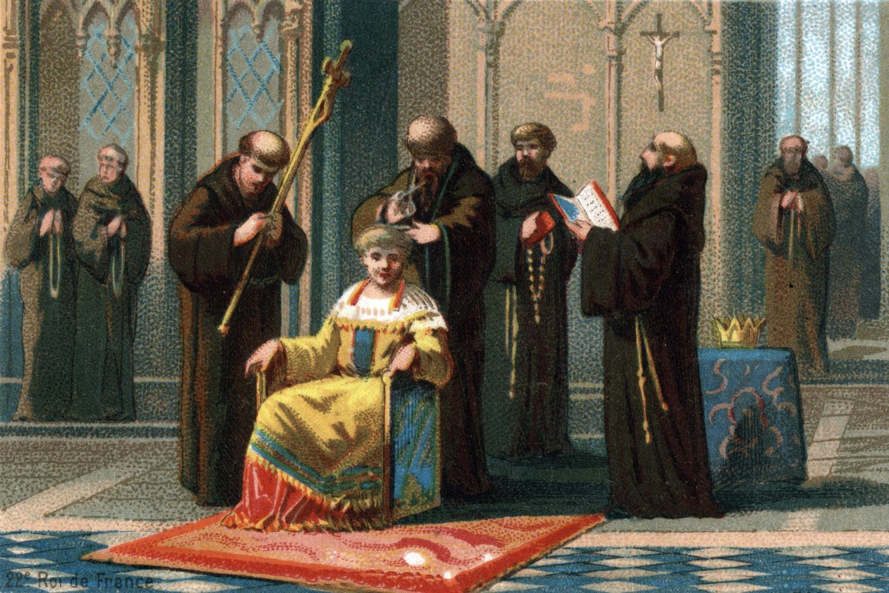 Childeric III, konge fra 742 til 752, i klostret Saint Bertin, nær Saint-Omer, hvor han blev spærret inde af borgmesteren i det australske palads, Charles Martel, 737. Kromolitografi omkring 1890. af French School