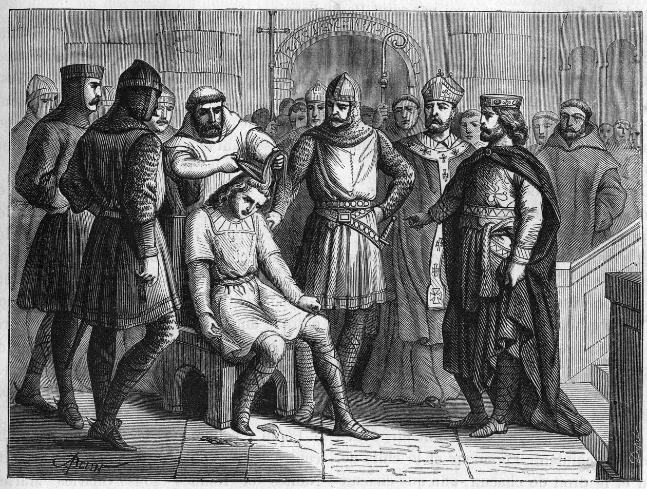 Childeric III, sidste merovingerkonge, detroneret af Pepin le Brief, frankernes konge, blev spærret inde i klostret Sithiu, nær Saint-Omer, i 751. Gravør fra det 19. århundrede. af French School