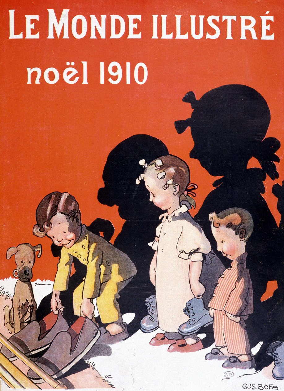 Børn taber deres sko foran pejsen til julemanden - i "" Le Monde Ilustré"" af French School