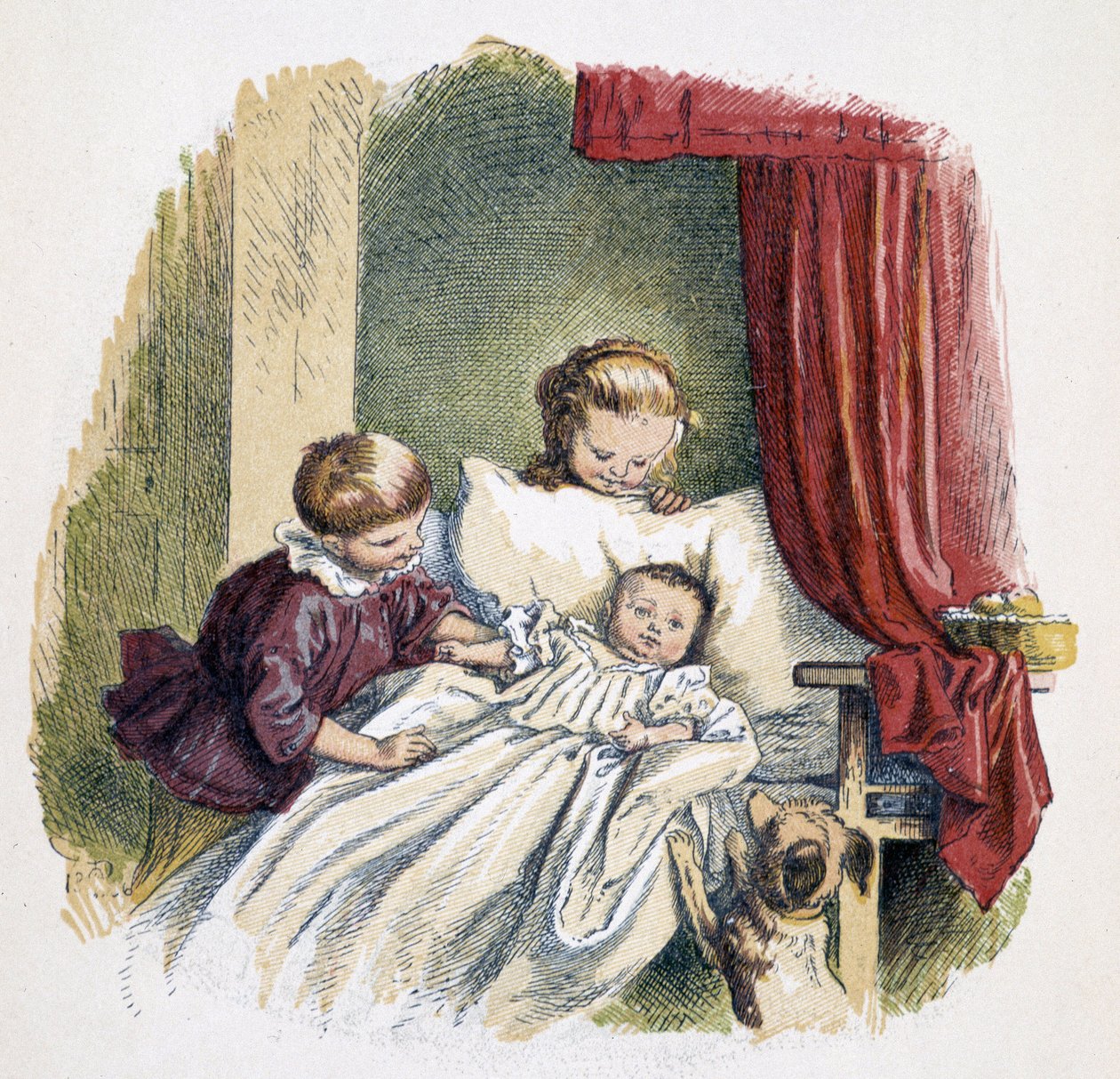 Børn leger en dukke i "" Schnik, schnak, småting til de mindste"", børns spil. udg. London - Georges Ronthedge og sønner. New York, Den brede vej Ludgate n.d. c. 1890. af French School