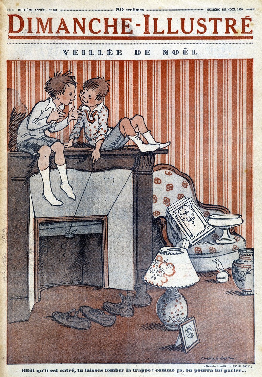 Børn sidder på skorstenen og fanger en fælde ved julemanden, til juleavisen "Le Dimanche illustre" fra 1930 (stik) af French School