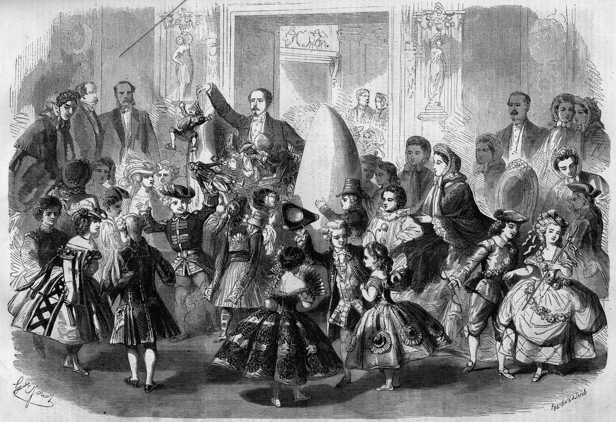 Børnebal giver til ære for Eugene Louis Napoleon (1856 - 1879), søn af Napoleon III. Paris, 3. april 1861. Prins Imperial (i midten) er skuffet som Pjerrot. Indgravering i "" Le Monde Illustré"" nr. 210 af 20. april 1861. af French School
