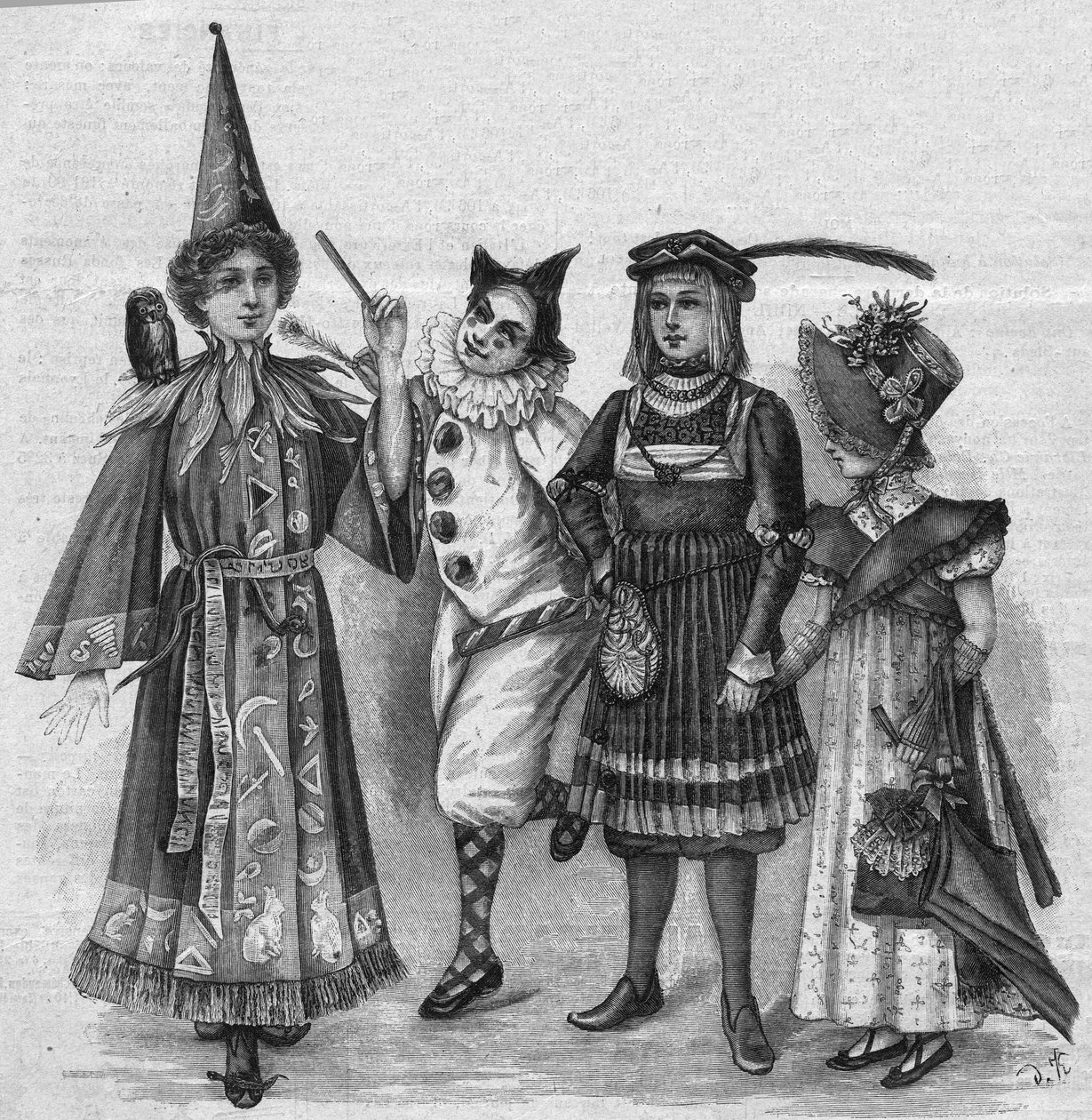 Børnetøj: heksekostumer, klovn, page og “Empire”. Indgravering i "La gazette du dimanche"" af 23. januar 1896. af French School