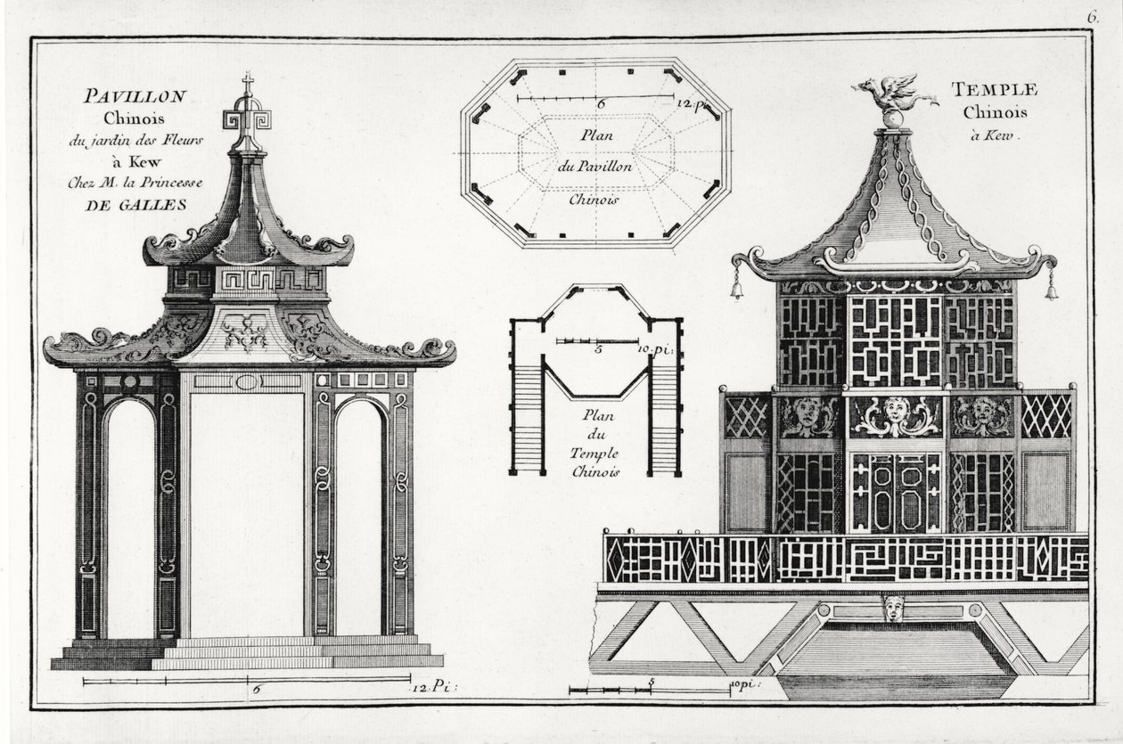 Kinesisk pavillon i blomsterhaven i Kew, fra Jardins Anglo-Chinois a la Mode, af George Louis le Rouge, udgivet ca. 1776-88 af French School
