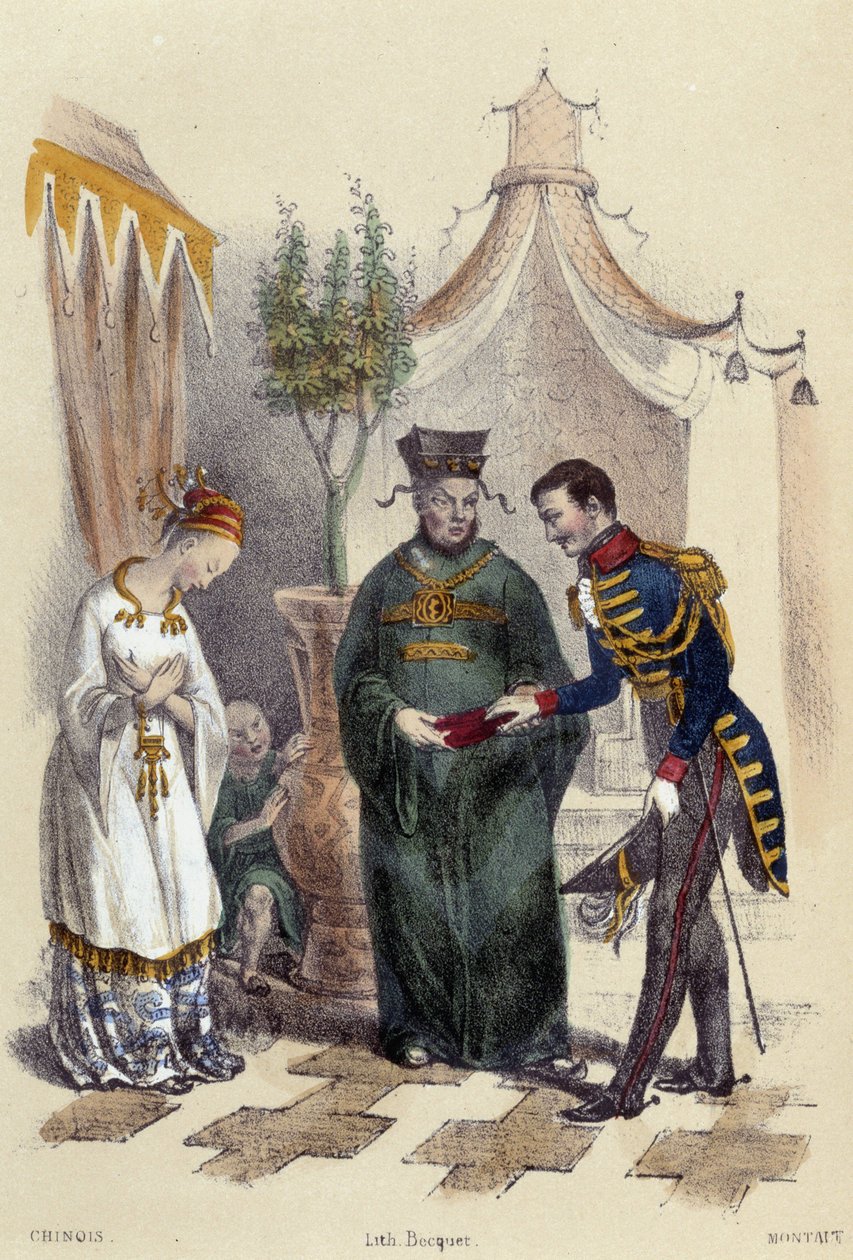 kinesere besøger et udenlandsk militær; illustration for Kina, -i "De tolv nationer"" af M.E Fouinet af French School