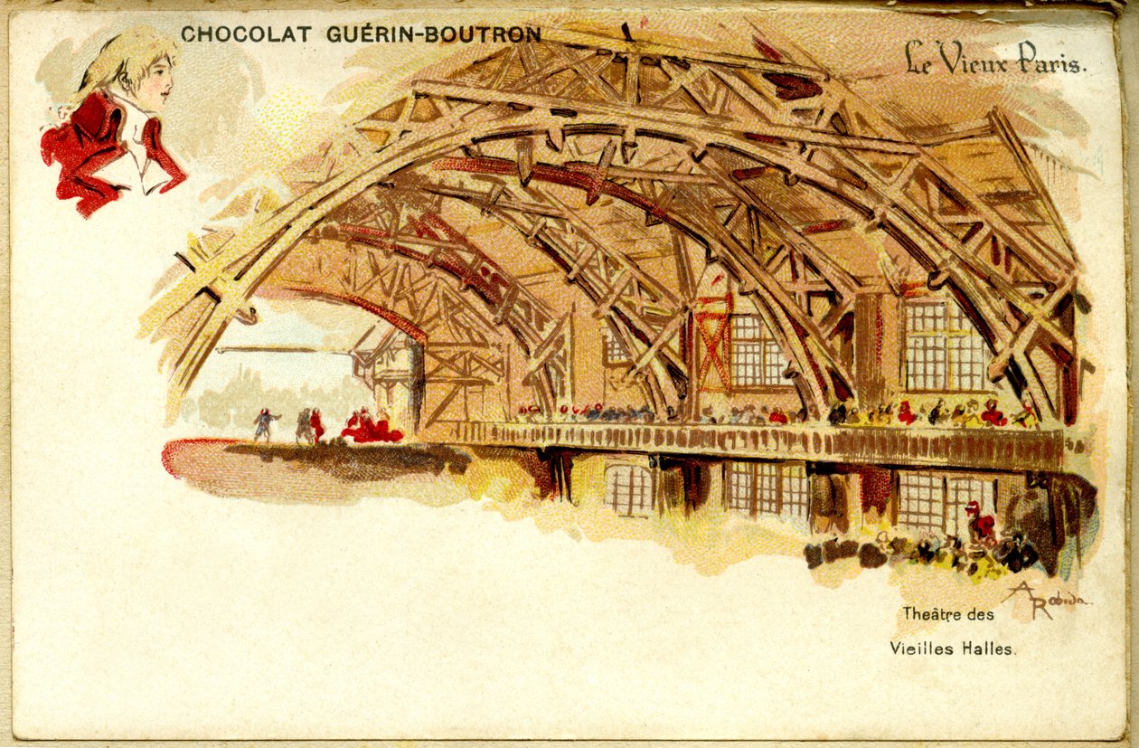 Chokoladekromolitografi Guerin Boutrons chokolader, DET GAMLE PARIS, Théâtre des Vieilles halles af French School