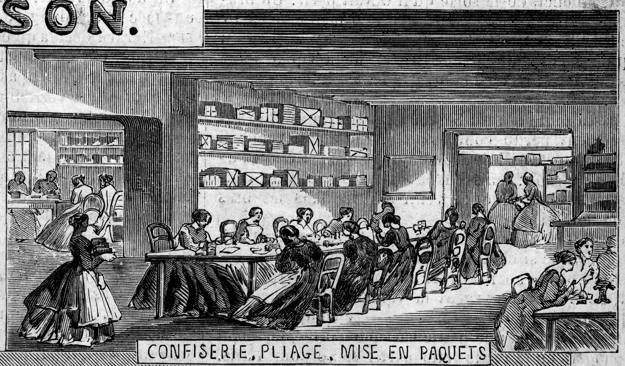 Chokoladefremstilling: konfekture af chokolade slik, foldeværksted og emballage. Usine de M. Masson, Paris af French School