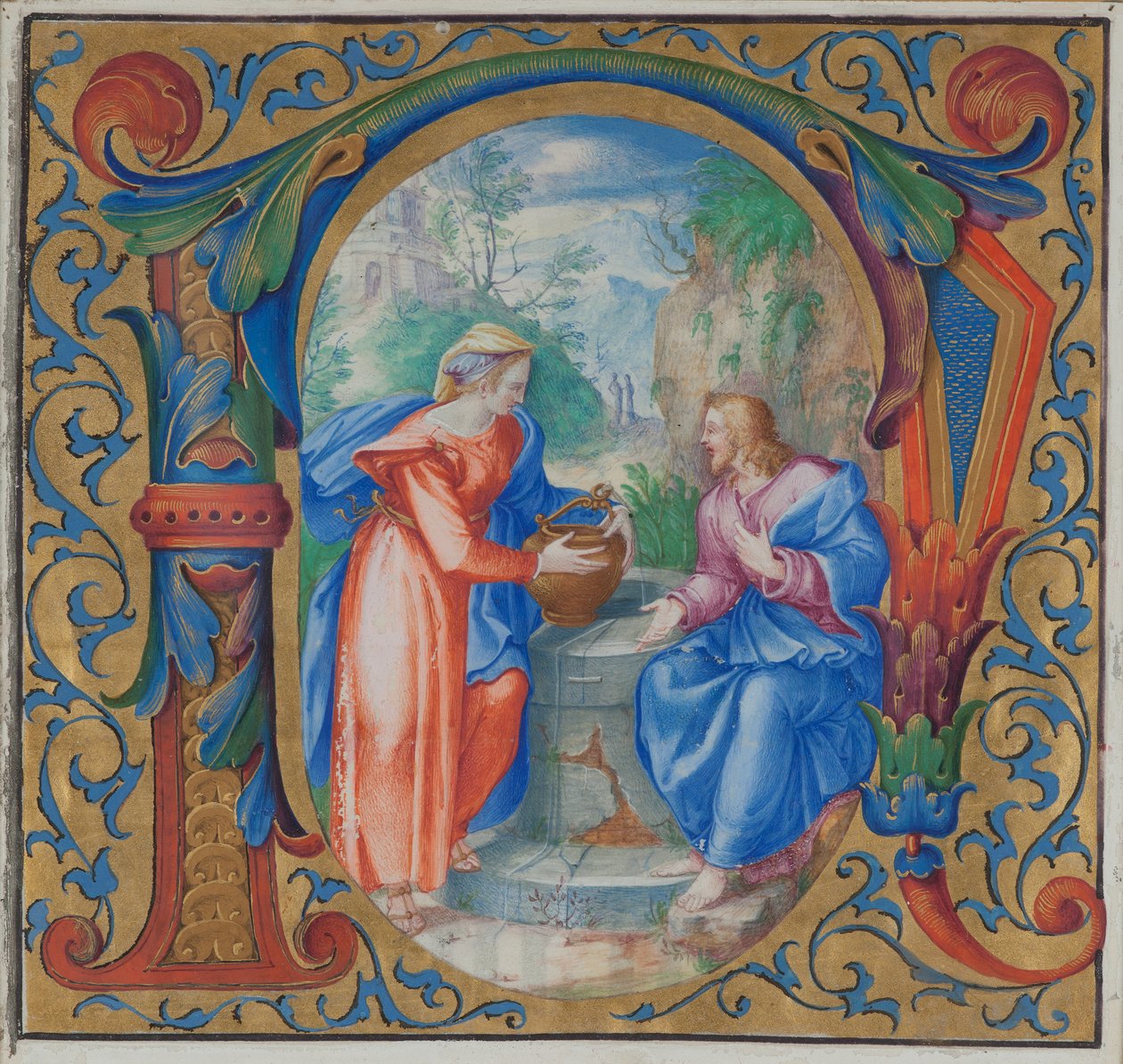 Kristus og Samarias kvinde ved brønden (tempera på vellum) af French School