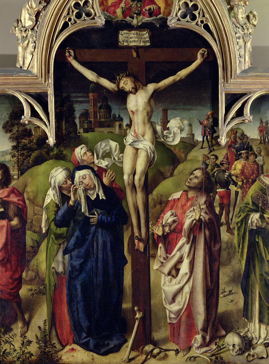 Kristus på korset, de hellige kvinder og Johannes evangelisten, fra altertavlen i Parlement de Paris af French School