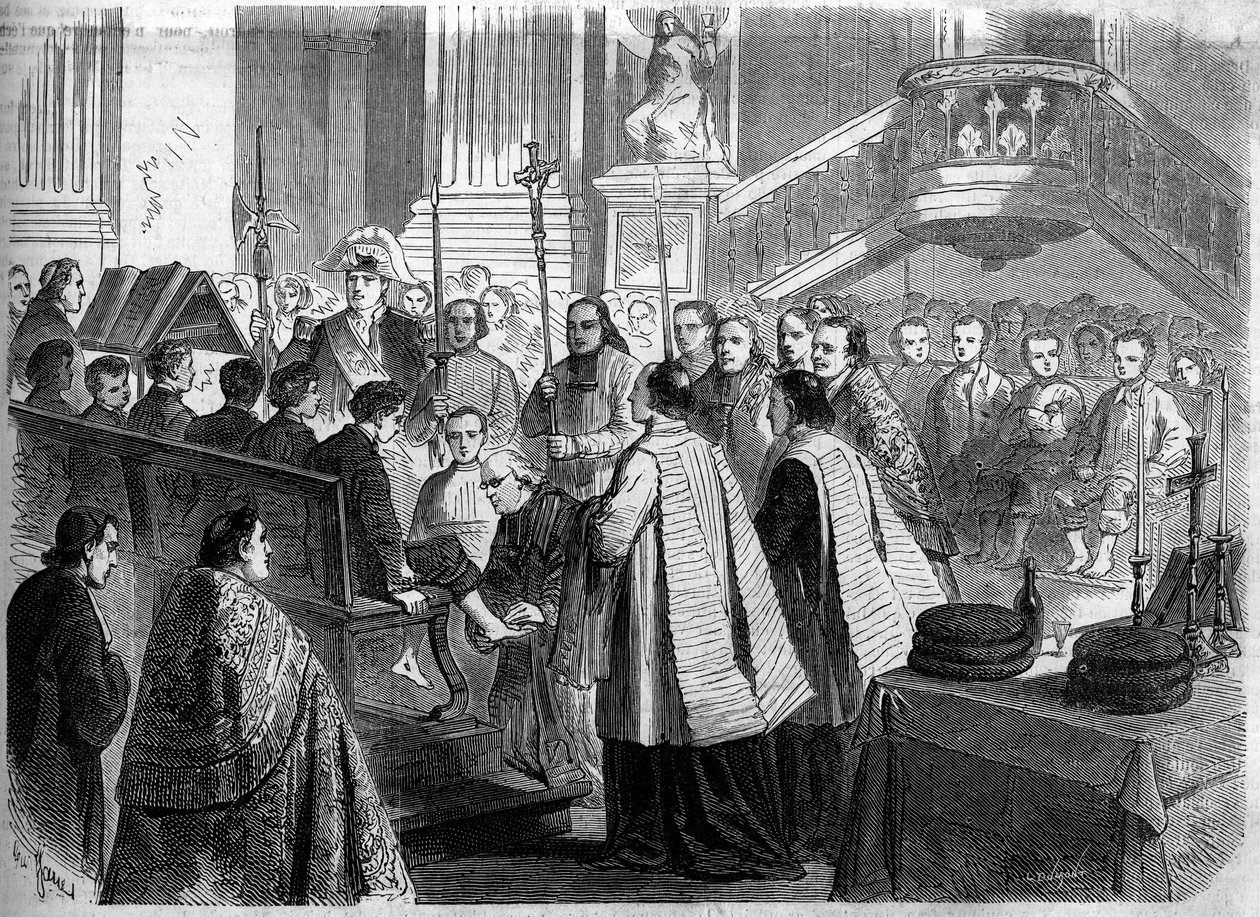 Christian Rite - Helligtorsdag - 1860: fødderne vaskes i Saint Sulpice-kirken i Paris. Indgravering i "" Le Monde Illustré"" nr. 156 af 7. april 1860. af French School