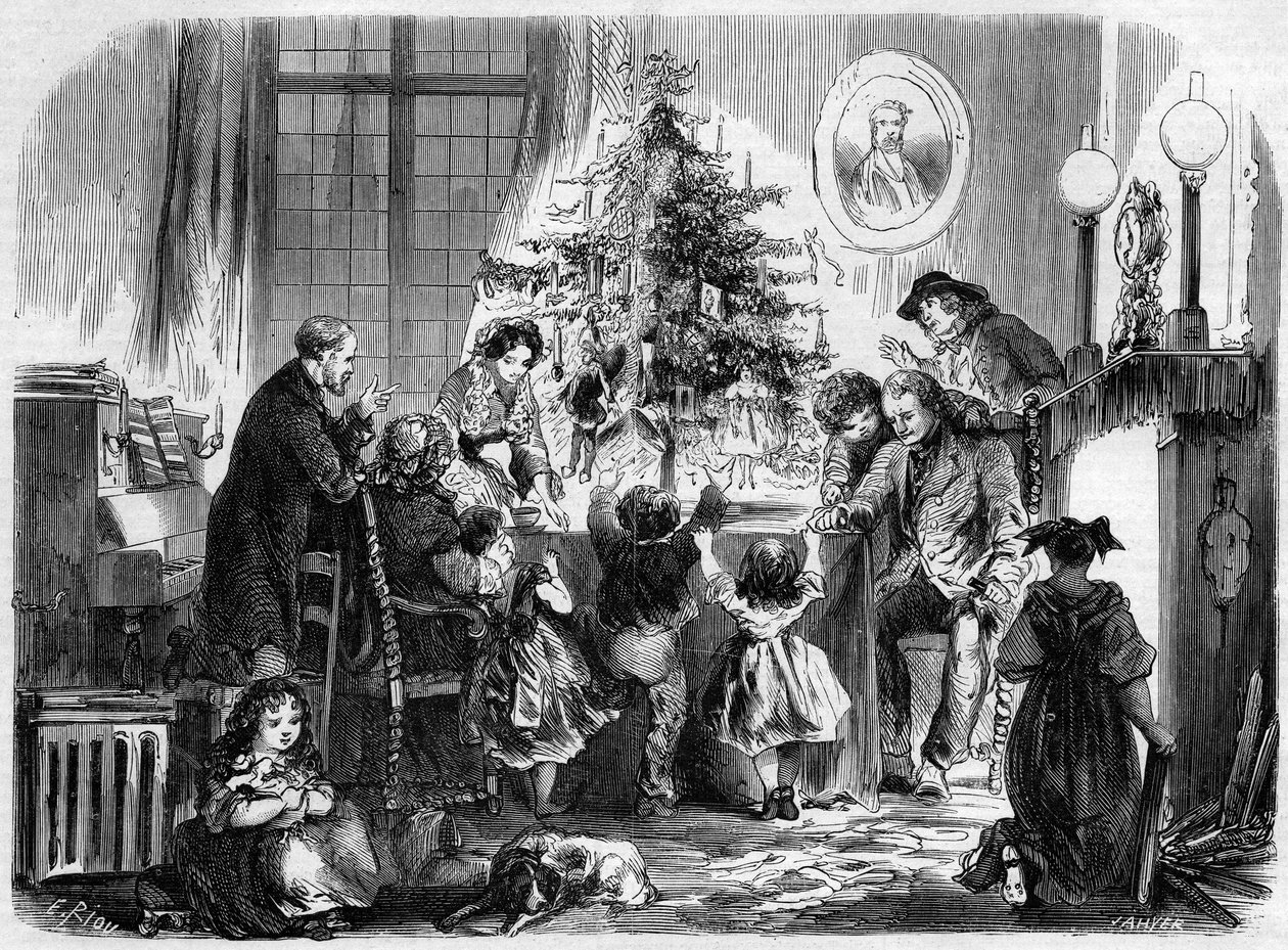 Julefest i Alsace: en familie genforenet omkring juletræet. Indgravering i "" Le Monde Illustré"" nr. 38 af 2. januar af French School