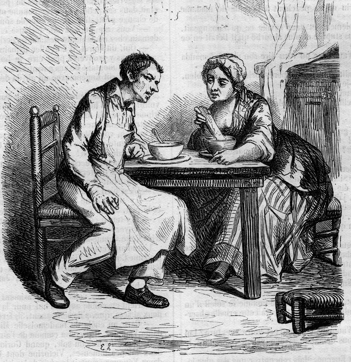 Christophe og den fede Sylvie: tjenere, der spiser morgenmad. Gravering midten af 1800-tallet. Illustration til "The Father Goriot" af Honore de Balzac (1799-1850). af French School