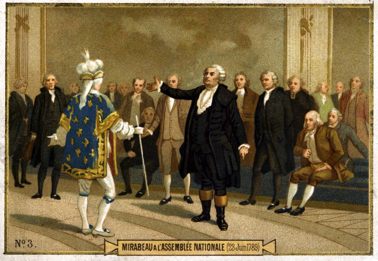 Kromolitografi, der repræsenterer Honore Gabriel (Honore-Gabriel) Riqueti, greve af Mirabeau (1749-1791) i nationalforsamlingen den 23. juni af French School