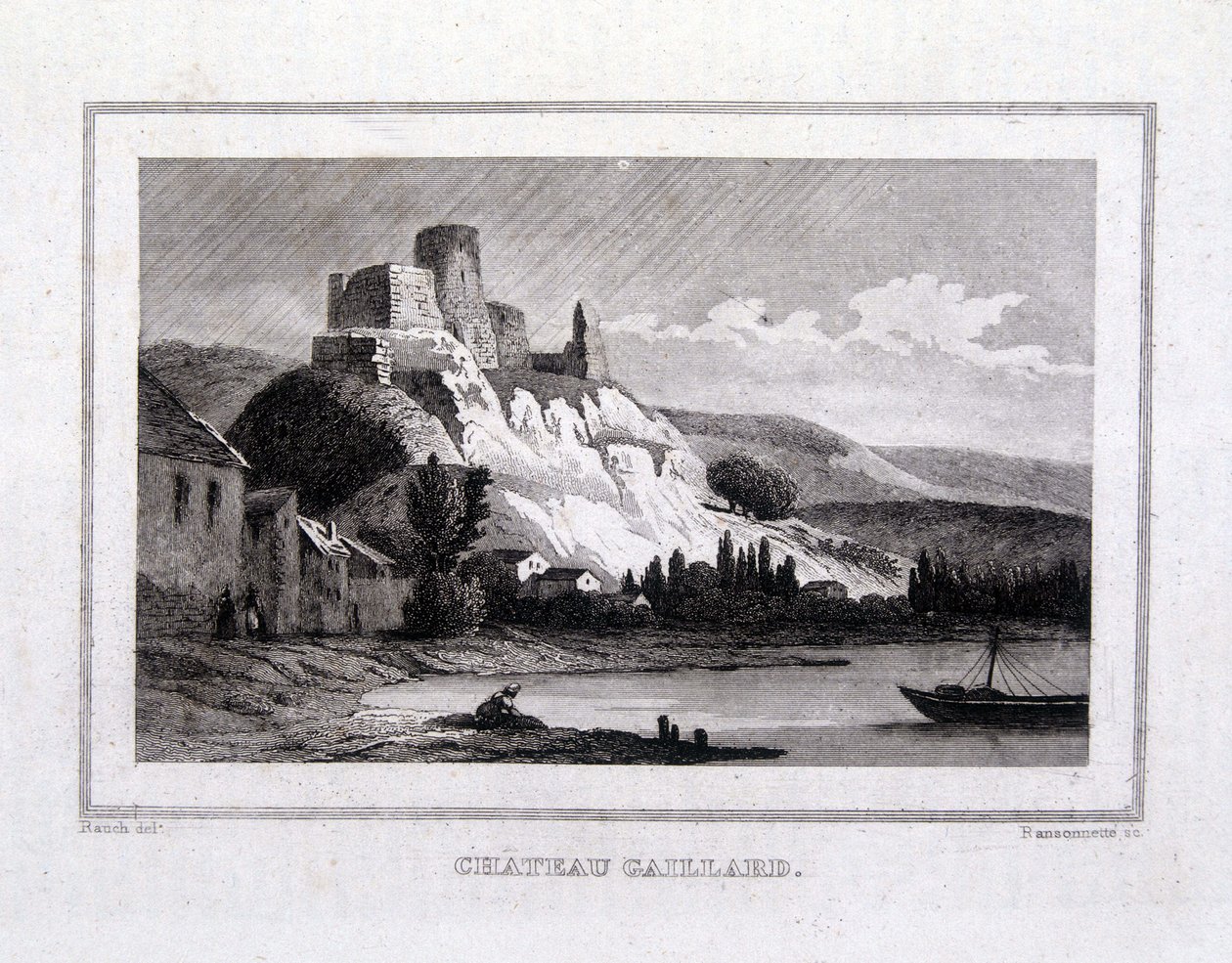 Château Gaillard set fra Seinen - Indgravering af French School