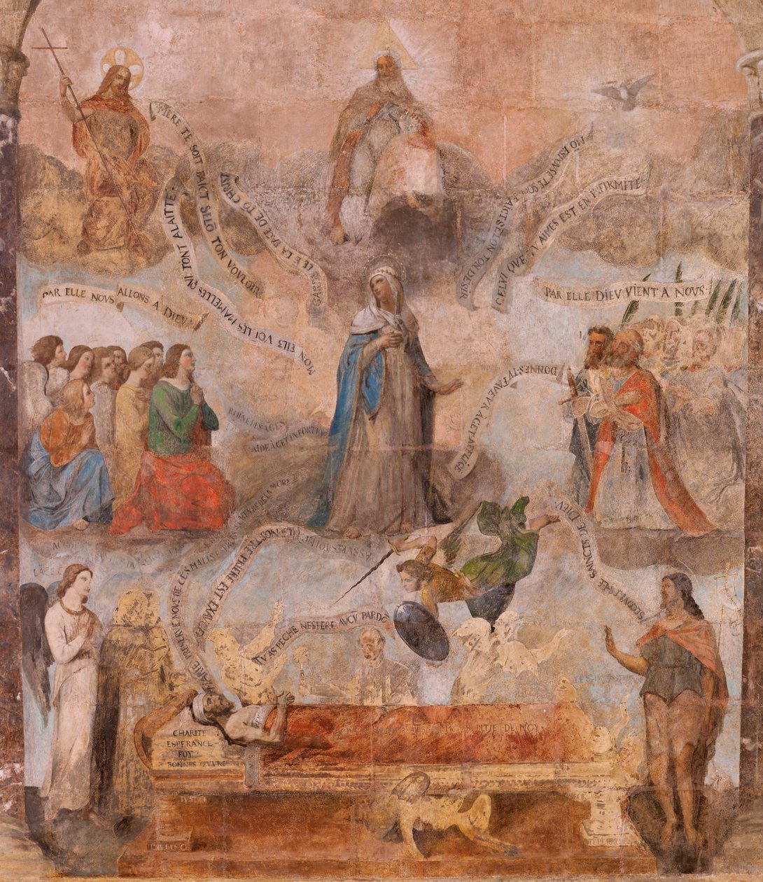 Kirke (Sankt Johannes Døberens Kirke). Interiør. Kapel Saint-Fursy. Vægmalerier. Forherligelsen af ​​Maria (fresko kendt som den gode død). Begynd det 17. århundrede. af French School