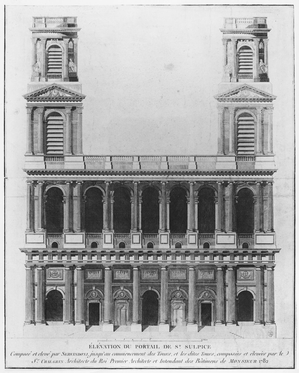 Saint-Sulpice-kirken, forhøjning af facaden, Paris, 1782 af French School