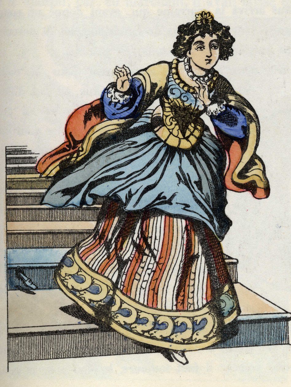 Askepot flygter fra bolden, dukker hendes glassko op. Illustration af Charles Perraults fortælling "Askepot eller La petite slipper de verre" af French School