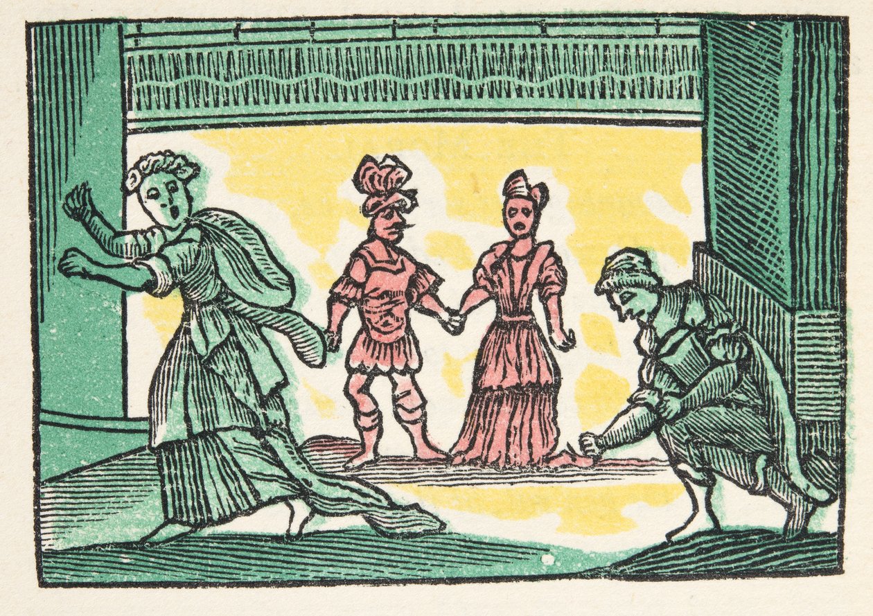 Cinderilla or the little Glass Slipper, fra Histories or Tales of Past Times told by Mother Goose, With Morals, af M Perrault, pub. 1925 (håndkoloreret træsnit) af French School