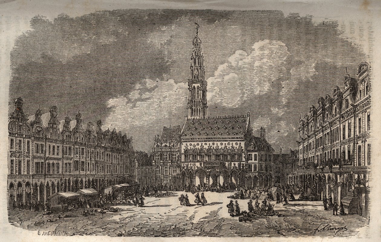 Rådhus og klokketårn i byen Arras - indgravering i "Histoire de France" af Victor Duruy (1811-1894) - 1882 af French School