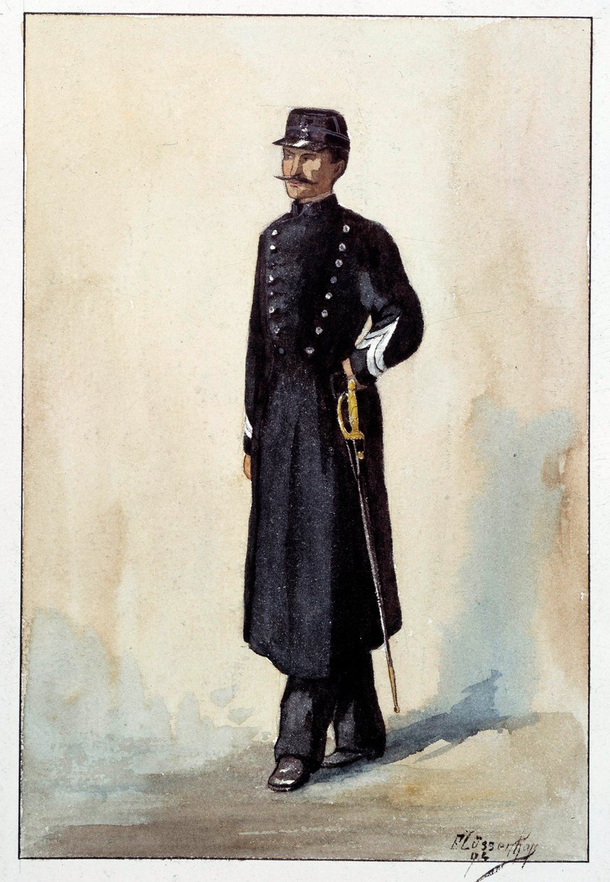 Bysergent politiuniform under Den Anden Republik. Akvarel omkring 1870 af French School
