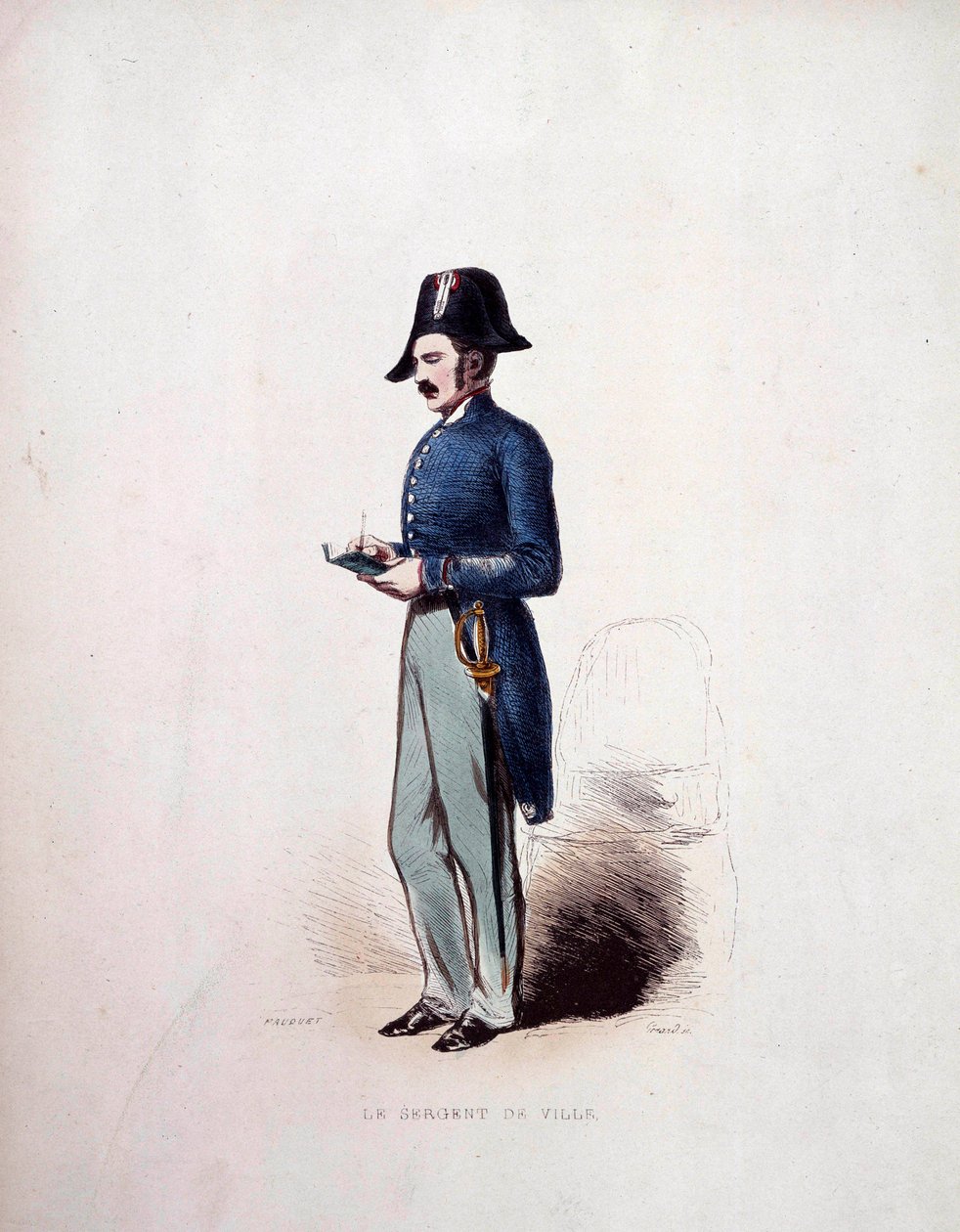Bysergentuniform af medlem af politistyrkerne under monarkiet i juli (1830-1848) 1800-tallet af French School