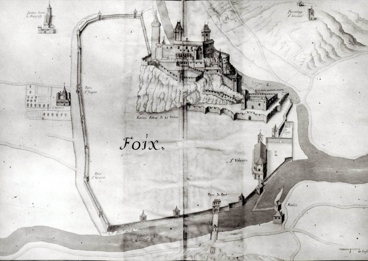 Byen Foix, fra Grand Atlas, begyndelsen af det 17. århundrede (wc på papir) af French School