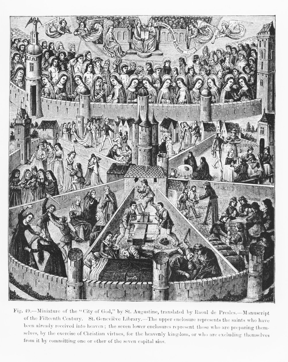 Guds by ifølge St. Augustin, fra et manuskript oversat af Raoul de Presles, illustration fra videnskab og litteratur fra middelalderen og renæssancen, skrevet og indgraveret af Paul af French School
