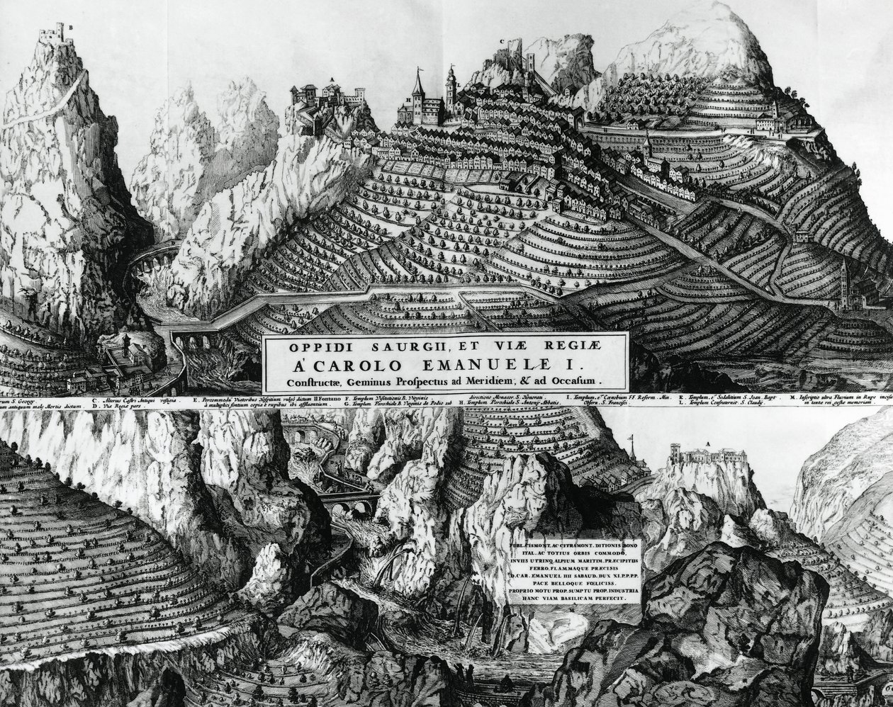 Byen Saorge, Frankrig, under Savoyens styre, gravering af French School