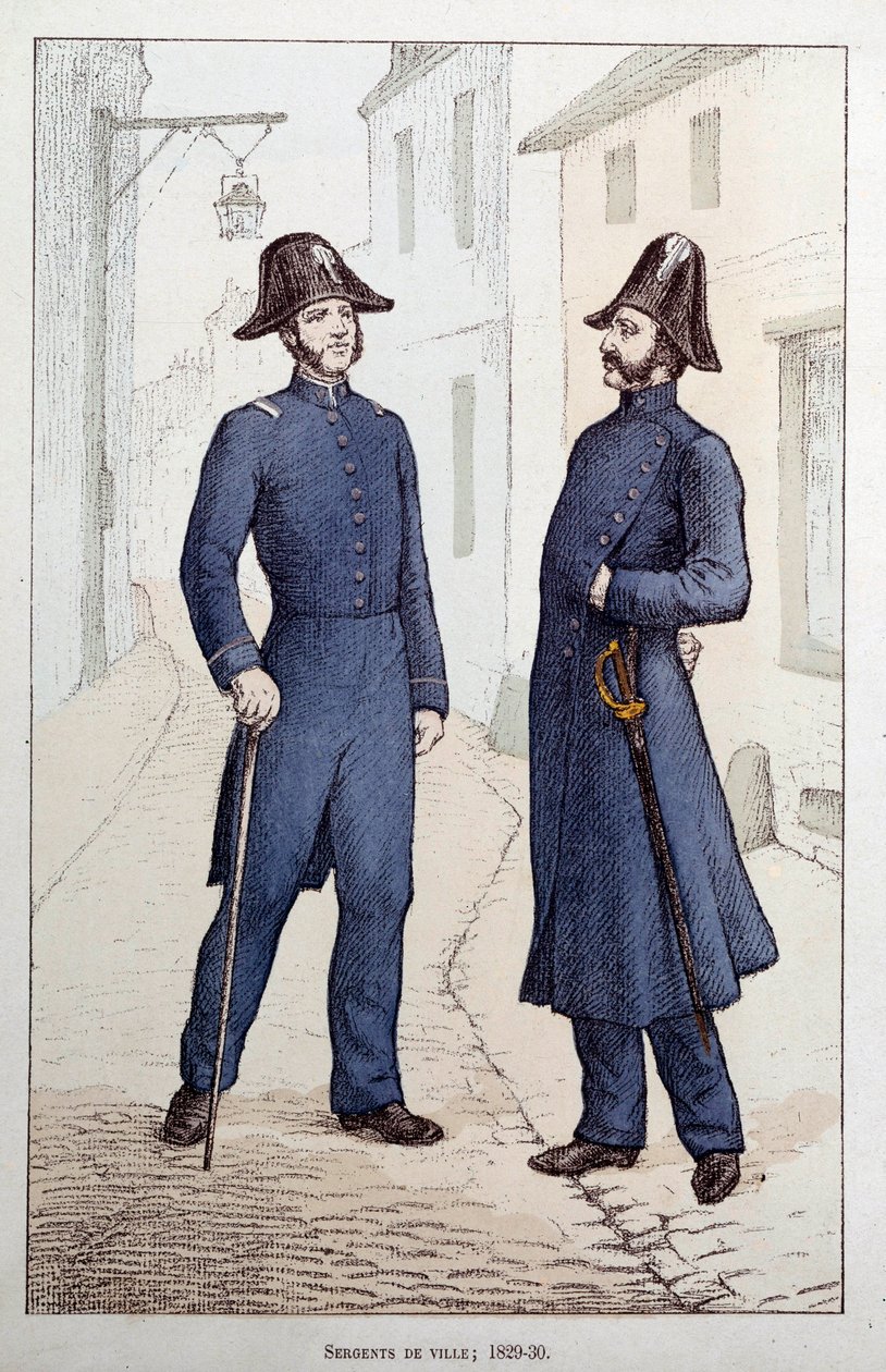 Bysergenter. To retshåndhævende betjente taler. Litografi omkring 1829-1830 Prefecture de Police, Paris af French School