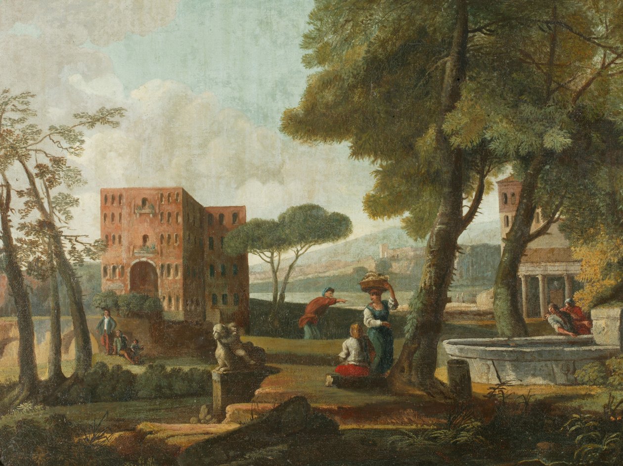 Klassisk landskab med sfinx, ca. 1700 (olie på lærred) af French School