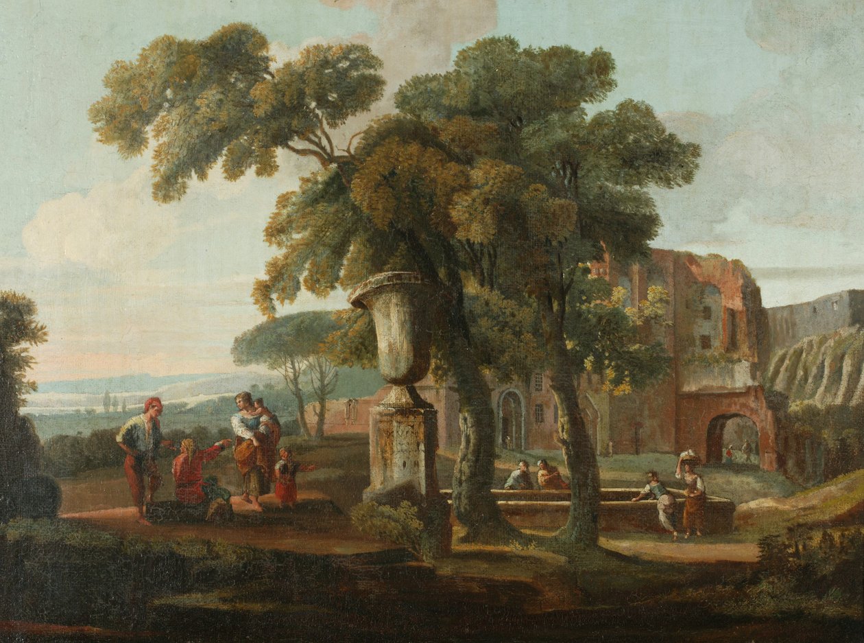 Klassisk landskab med urne, ca. 1700 (olie på lærred) af French School