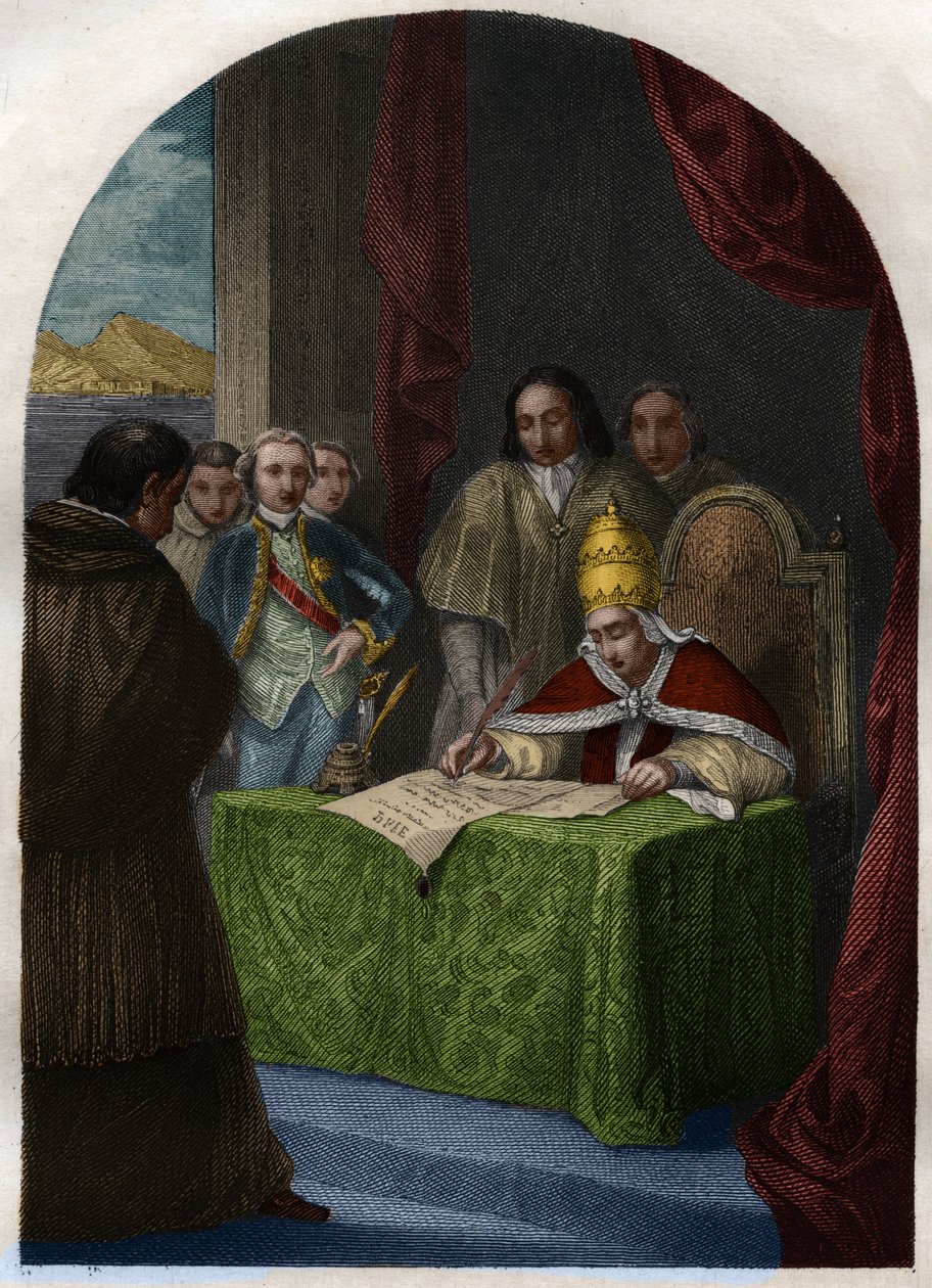 Clement XIV (Clemente eller Clemens) (1705-1774) afskaffede Jesuitersamfundet den 21. juli 1773. Indgravering fra 1842 i “Histoire des popes: forbrydelser, mord, forgiftninger, parricider, ægteskabsbrud, incest... af Maurice Lachatre. Privat samling. af French School