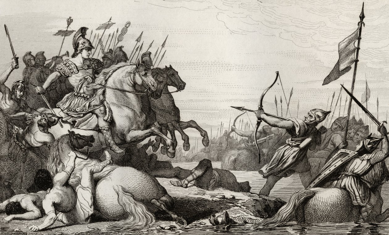 Clodion, The Hairy (c.428-47) trækker sig tilbage over broen efter hans nederlag af Aetius, fra 