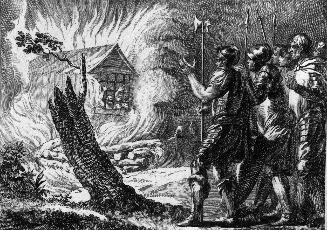 Clotaire (Clothaire) I (497-561), konge af frankerne, lod sin søn Chramne brænde i et sommerhus, som gjorde oprør mod ham og hans familie. Ca. 560. Stik af 1700-tallet. af French School