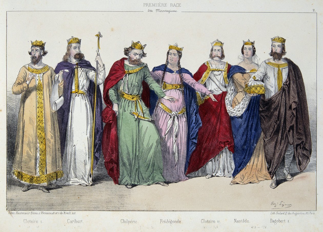 Clotaire (Clothaire) I, Caribert, Chilperic, Fredegonde, Clotaire II, Nantilde, Dagobert I - i “La monarchy francaise en estampes” ” af French School