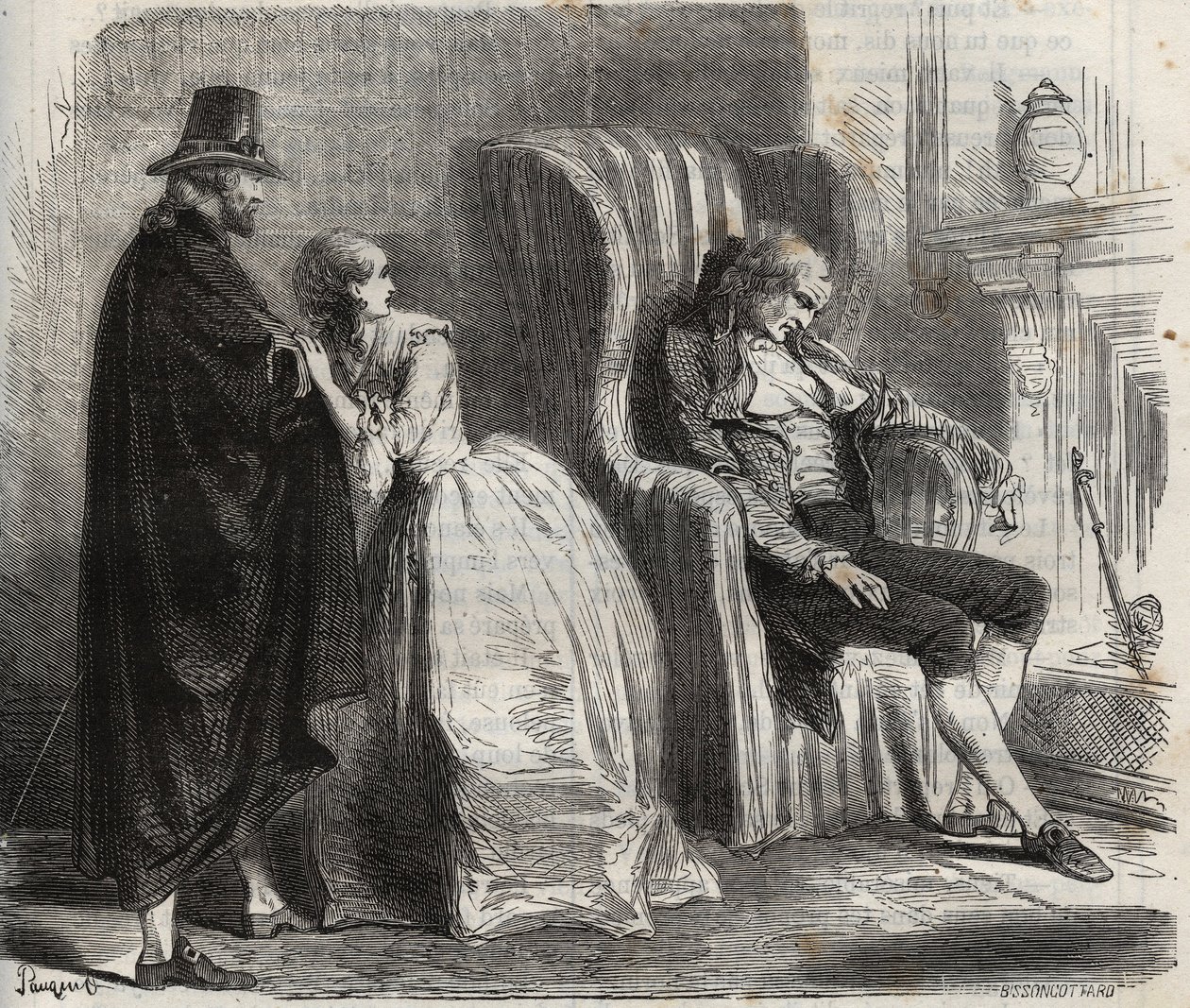 Clotilde Sprengel og Zacharie Bergmann ser den tyske læge Petrus Schultz sovende foran det 18. århundrede. Indgravering fra 1871 i "Histoire Des Cocuses Celebres"" af Henry de Kock (1819-1892). af French School